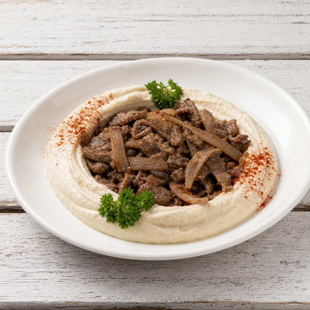 Hummus topped with Beef.