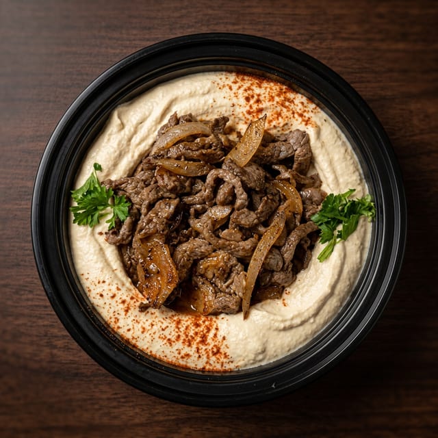 Hummus topped with Beef.