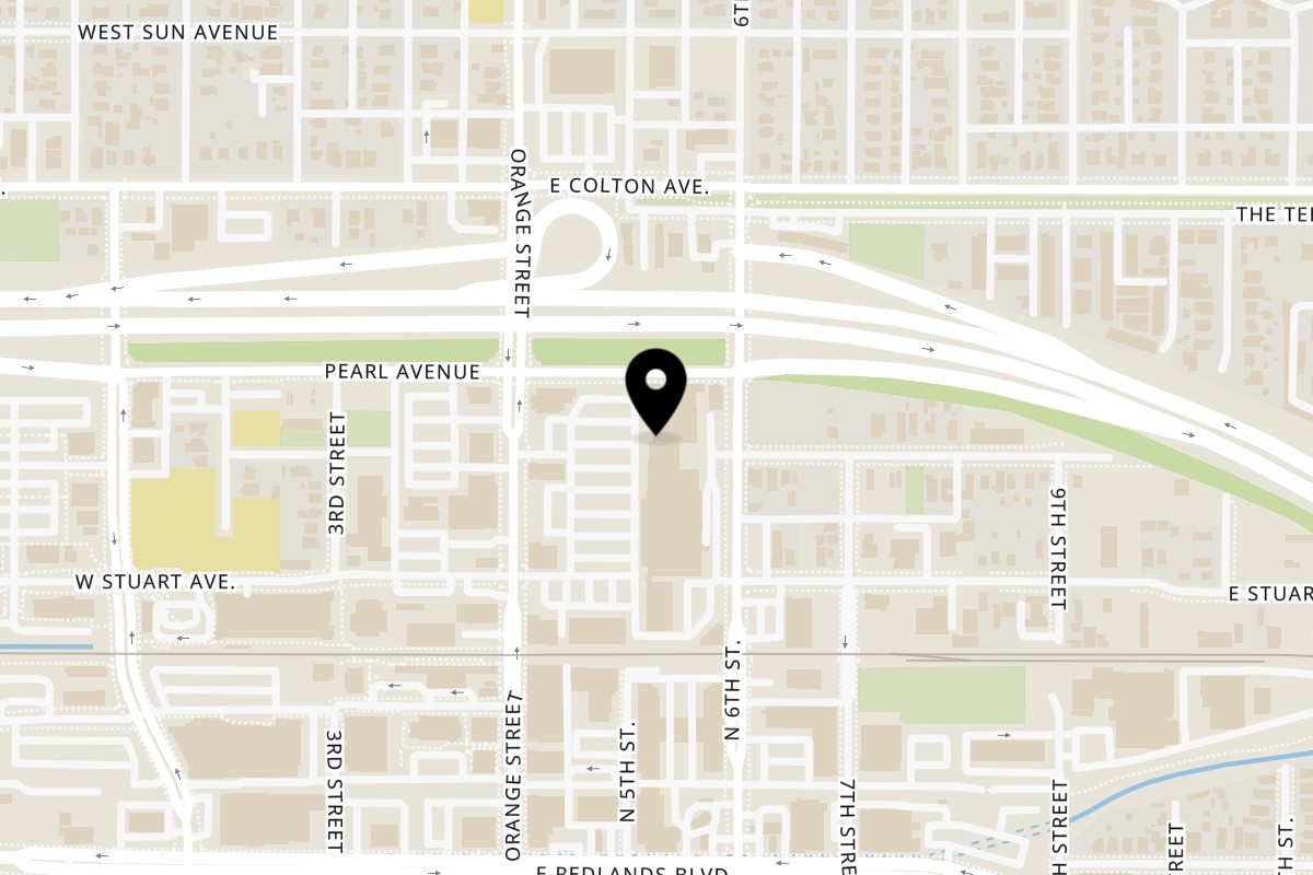 Map showing the location of Phoenicia Greek and Lebanese Cuisine on 572 Orange St in Redlands